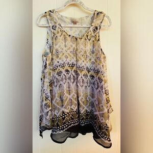 Roz & Ali Blouse Women’s Large Yellow Multicolor Asymmetrical Tunic Flare Boho